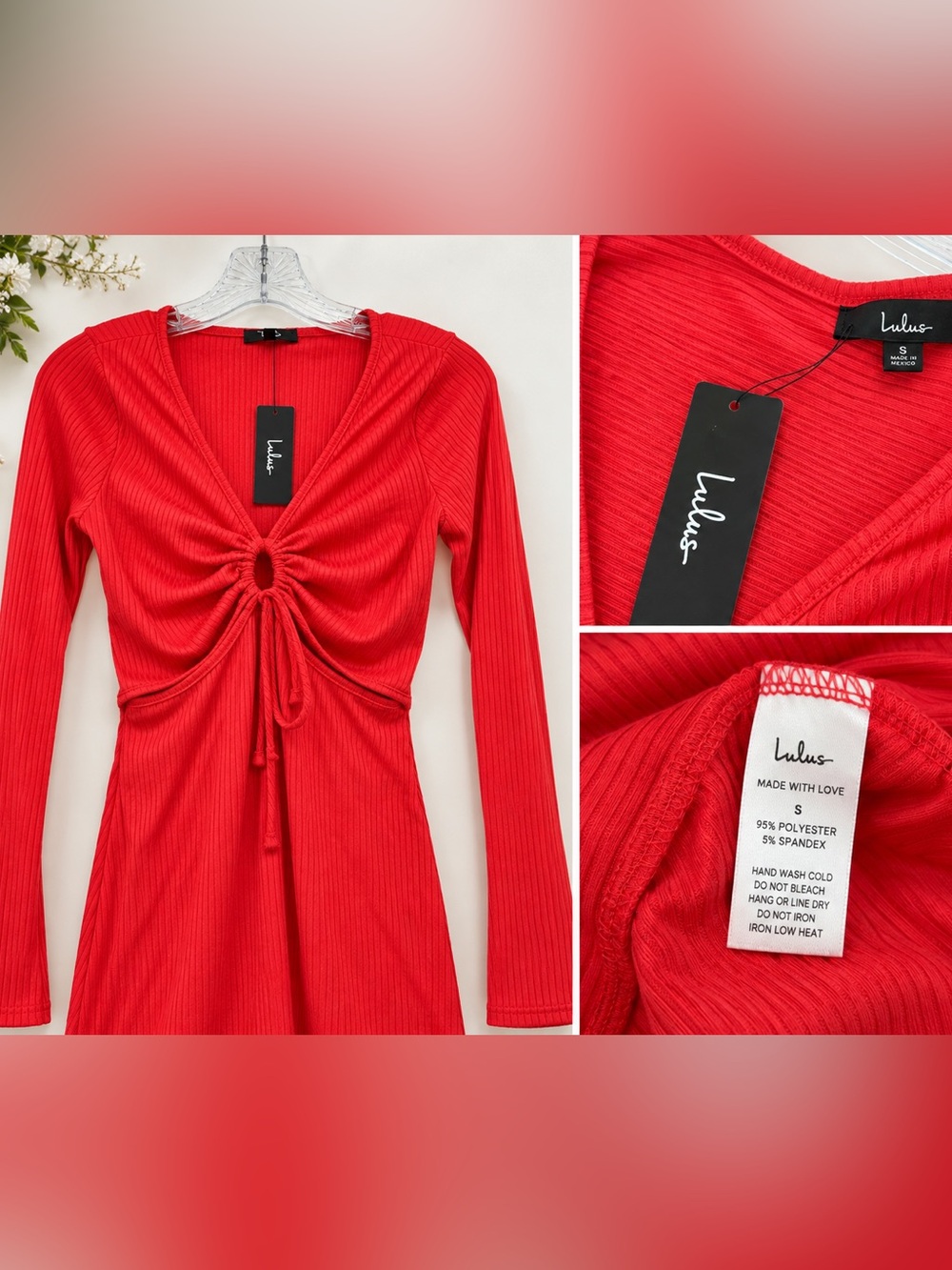 Lulus Red Ribbed Ruched Long Sleeve Romper Size Small NWT - Picture 5 of 5